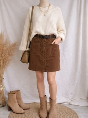 Cupshe NWT Brown Corduroy Button Front Skirt Size S Fall Cozy